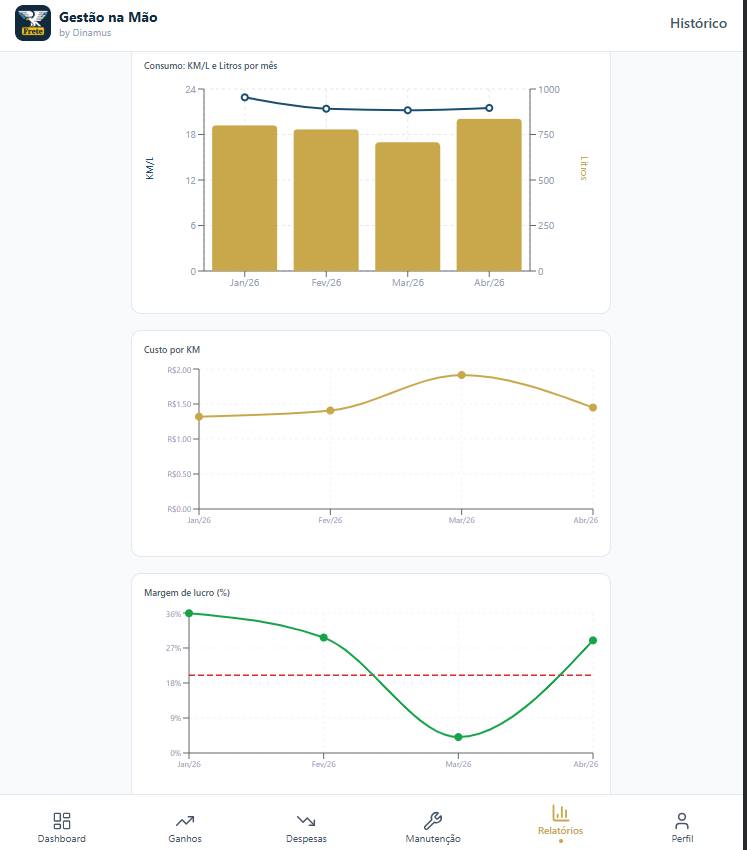 Relatórios com gráficos comparativos de receita versus custo